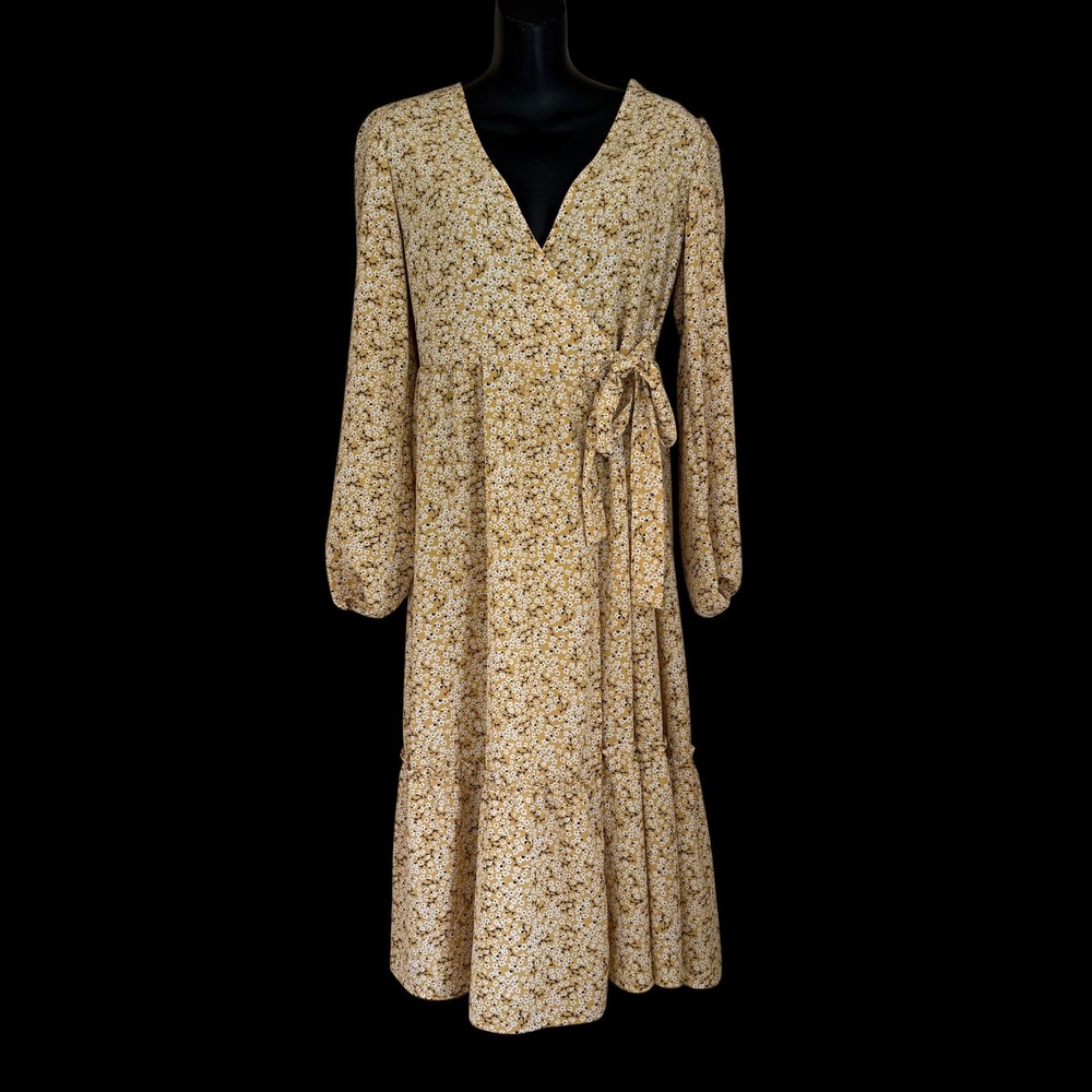 Monki Ditsy Floral Wrap Midi Dress 36 US 6 Ruffle‎ Balloon Slv Boho Cottagecore